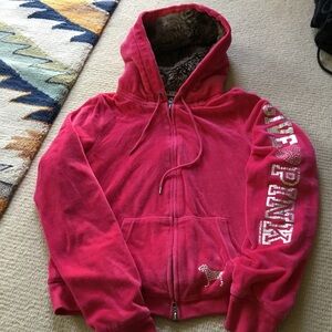 PINK Victoria's Secret Hot Pink Velour Hoodie with Faux Fur Trim